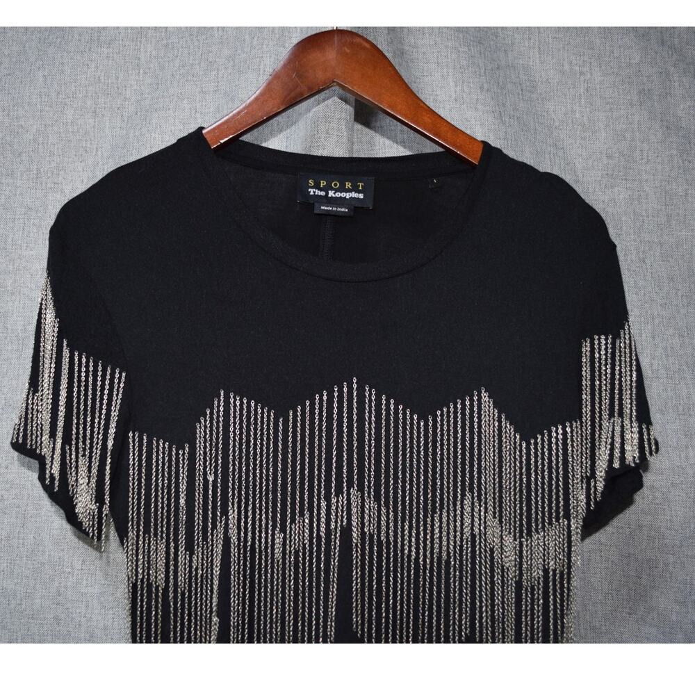The Kooples Sport Black Short Sleeve Tee with Silver Chain Fringe Size S - Picture 2 of 4